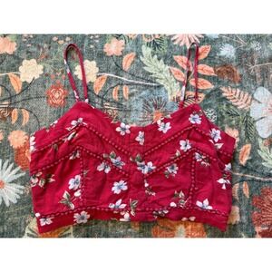 American Eagle‎ Red Floral Smocked Crop Top Pom Pom Trim L 8774